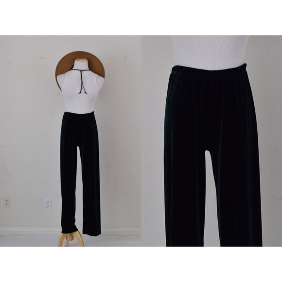 Vintage 90s Forest Green Velvety Stretch Pull-On pants size L |‎ 24-32 waist - Picture 1 of 10